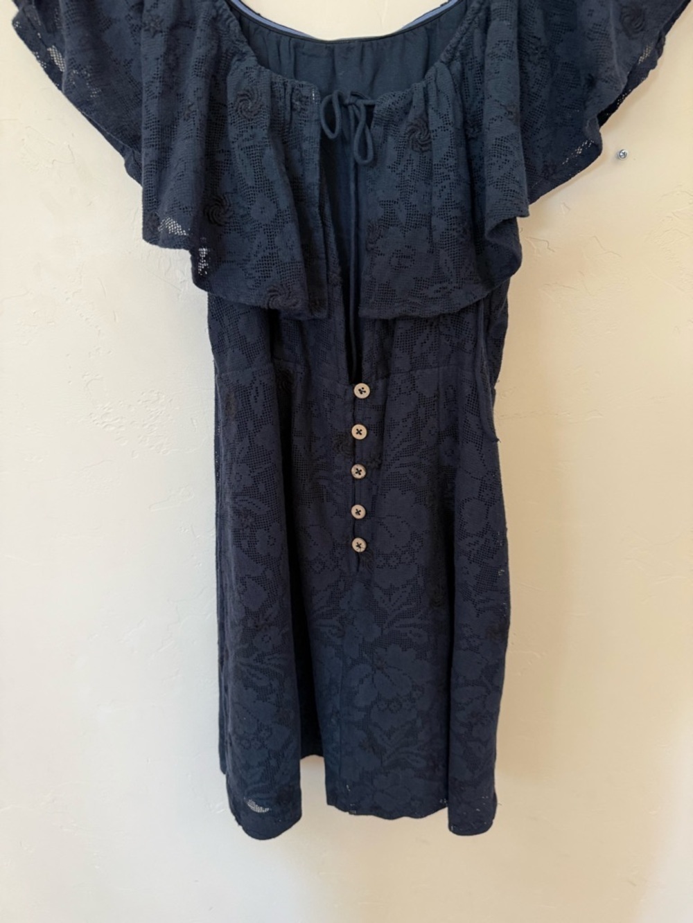 Free People Navy Lace Off Shoulder Mini Dress Boho Romantic Cottagecore - Picture 8 of 10
